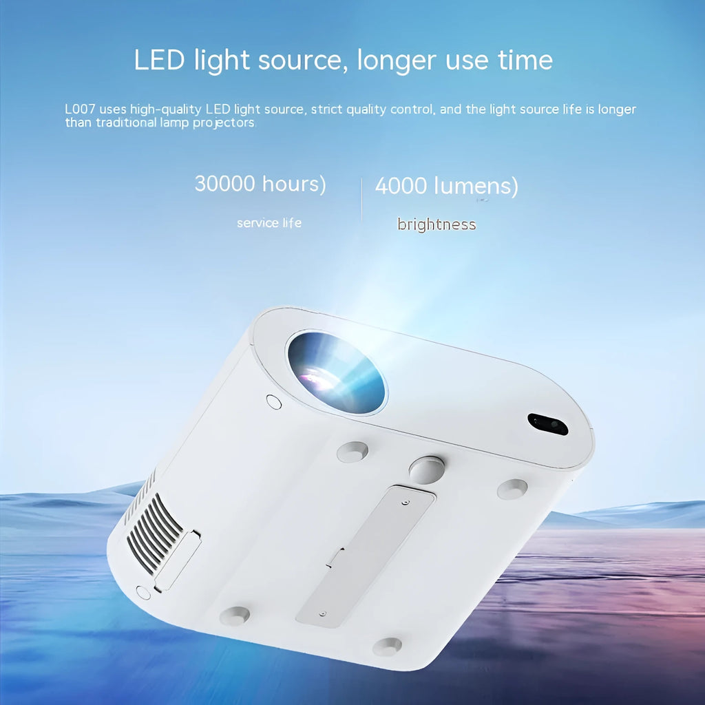 White T07 Full HD smart projector with remote control on table