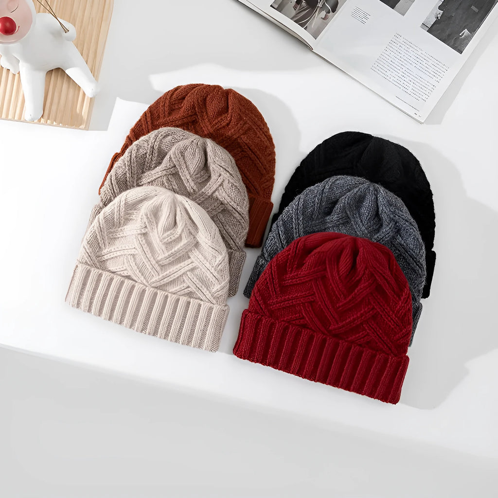 Wool knitted dome crown winter hat in six colour options on display