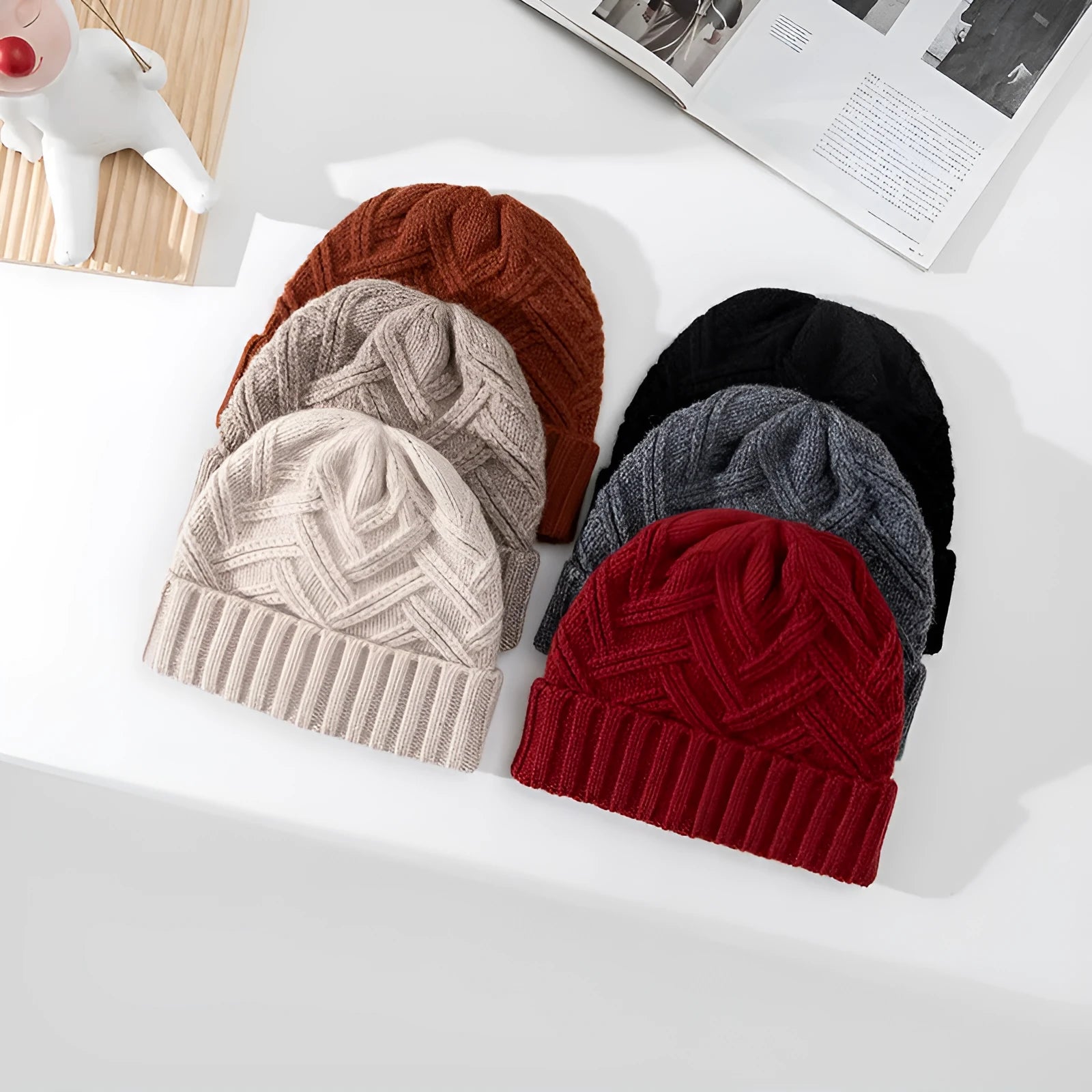 Wool knitted dome crown winter hat in six colour options on display