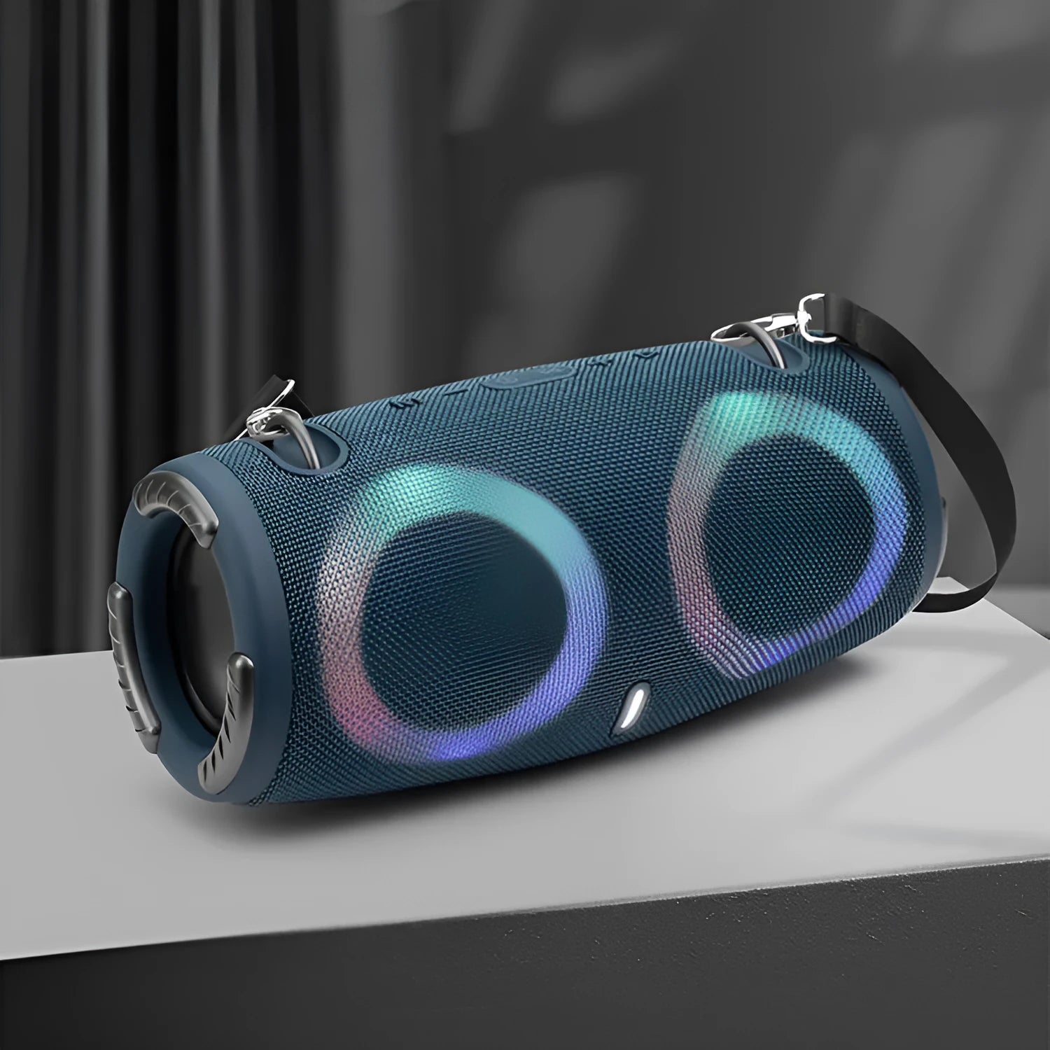 Round portable Bluetooth speaker with RGB coloured lights in camouflage colour option with carrying strap