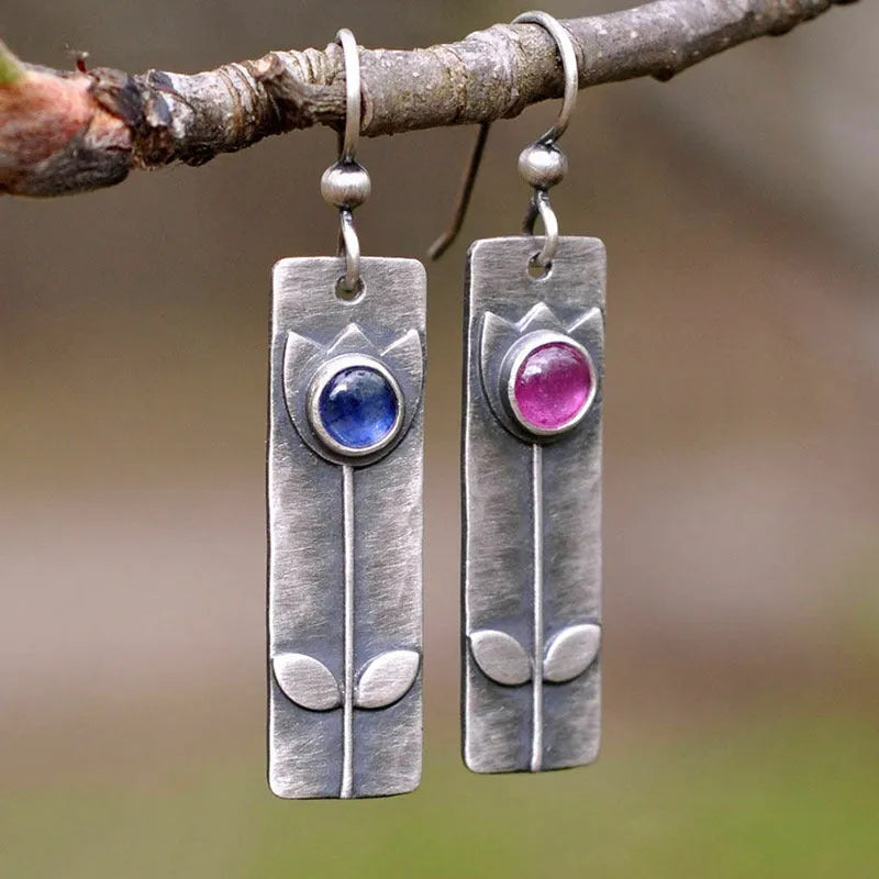 Antique finish red sapphire geometric drop earrings with ellipse design on electroplated metal