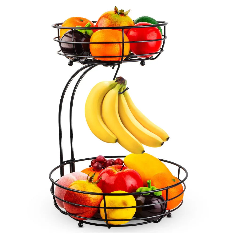 Black and gold wrought iron double-layer fruit basket for restaurant vegetable storage