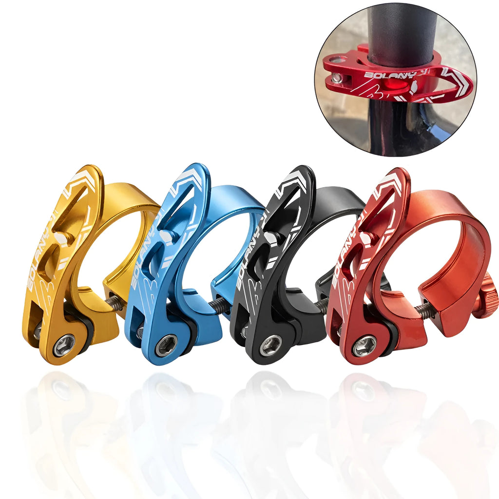 Aluminium mountain bike seat post clamp in black, red, gold, or blue for 31.8mm or 34.9mm seat tubes.