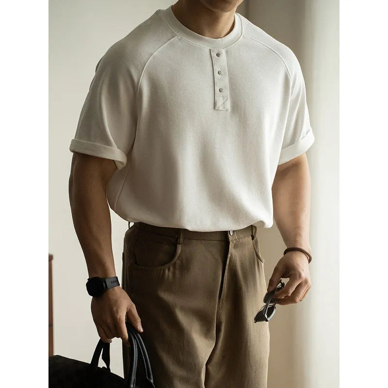 Terry texture casual pullover top with raglan sleeves in cotton blend fabric