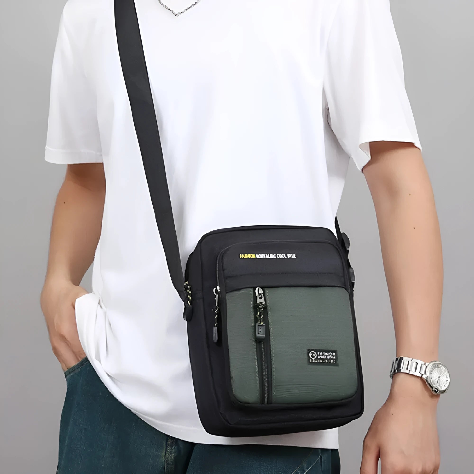 Men's green nylon casual crossbody messenger bag with a single shoulder strap.