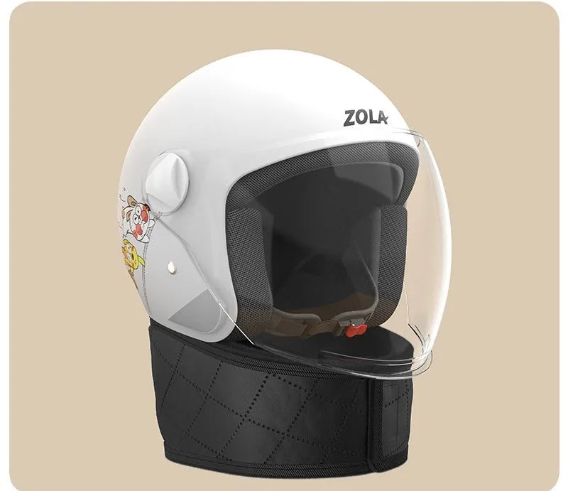 Adult electric bicycle helmet with attached winter scarf and anti-fog visor in blue colour