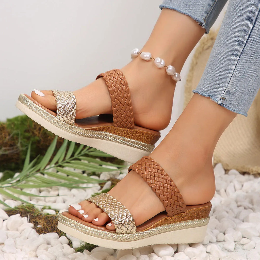 Gold metallic wedge sandals for women with PU upper and rubber sole