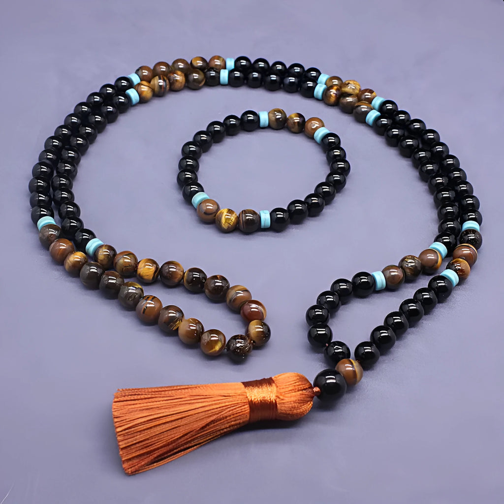 Black agate bracelet and tiger shape stone necklace set with geometric designs