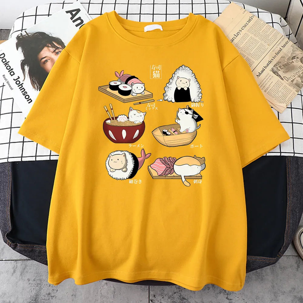 Men's black cotton t-shirt with sushi cartoon cat print design, short sleeves, loose fit