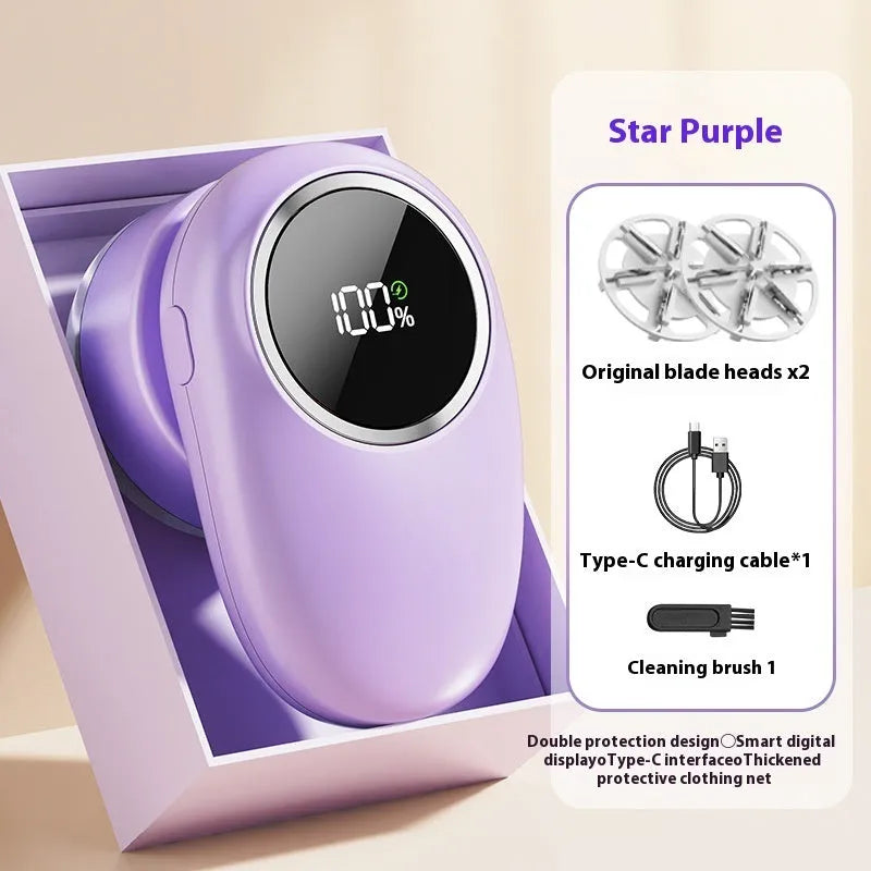 Beige and purple digital fur ball trimmer lint removers with one, two, three, and four cutter head options on a table.