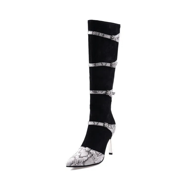Black knee-high boots for women with 9cm thin heels and pointed toe