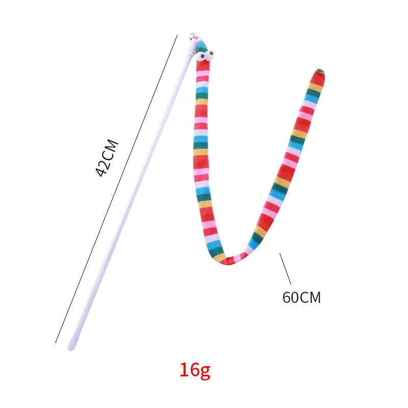 Cat wand toy with polycarbonate pole and plush strip in green, orange, and rainbow colours