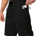 Man wearing straight cut quick-dry polyester beach shorts in a solid colour.