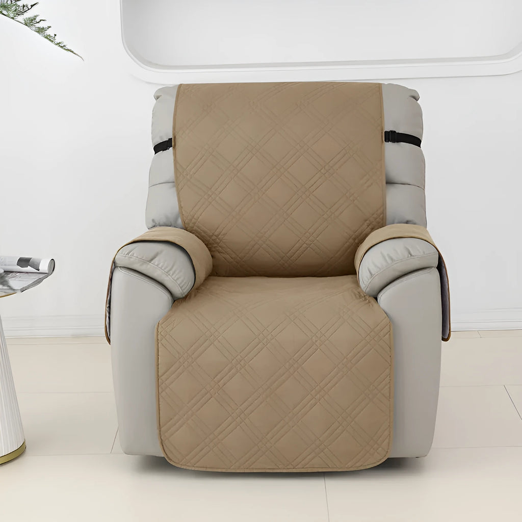 Quilted three-line sofa cover for a Chivas massage chair in peacock blue, showing stretch fit and textured pattern.