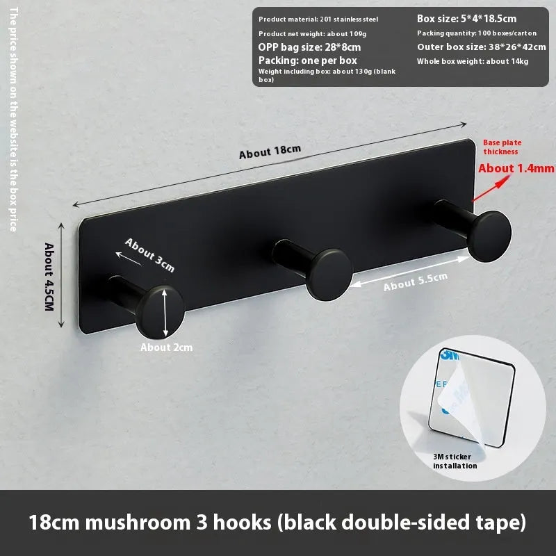 Mushroom design screwless clothes hook for shower doors in black or white, with 2, 3 or 4 hooks.