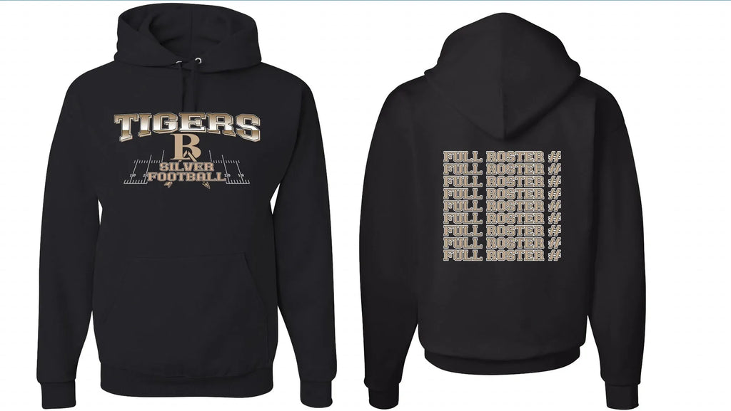 Black men's pullover hoodie with drop-shoulder sleeves on a mannequin