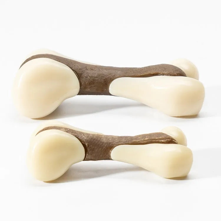 Cowhide and nylon bone-shaped grinding rod chew toy for dogs in two sizes.