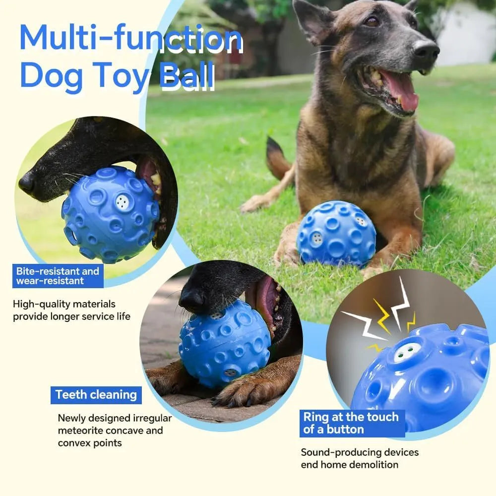 Durable natural rubber dog toy ball with meteorite-shaped bumps in multiple colour options
