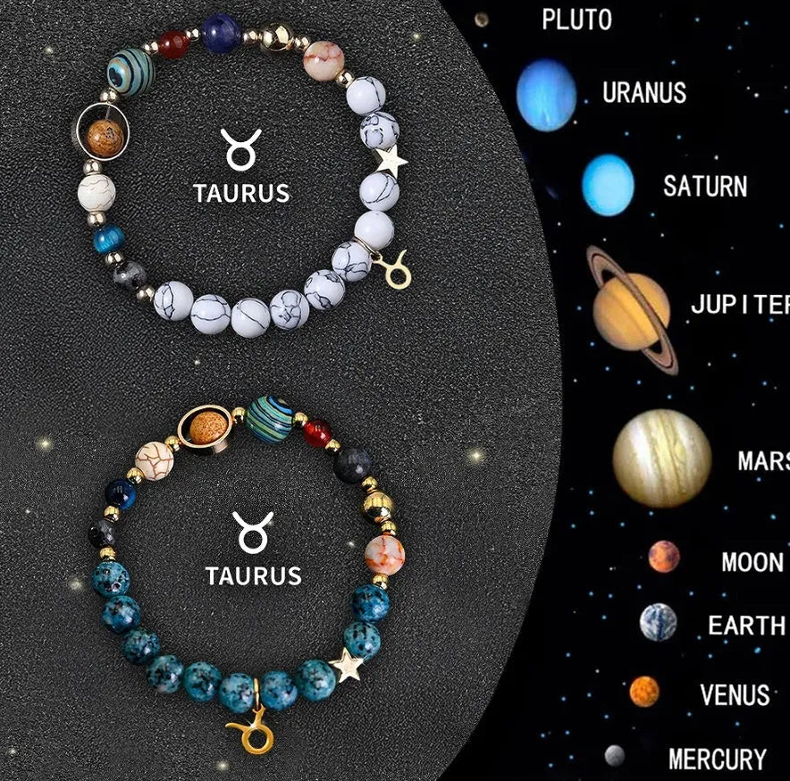 Set of twelve natural stone beaded bracelets featuring zodiac sign designs