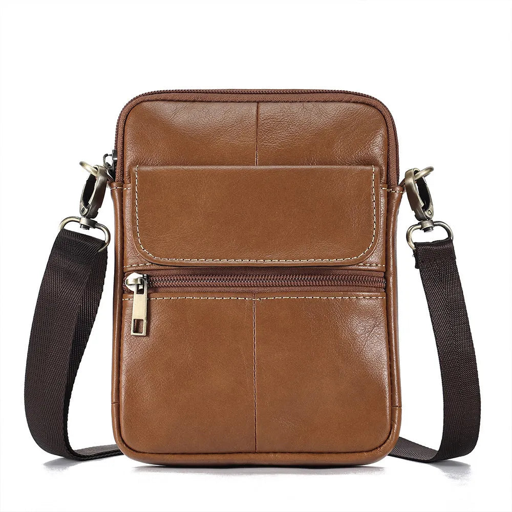Men's brown leather crossbody shoulder bag with visible sewing lines and polyester cotton lining