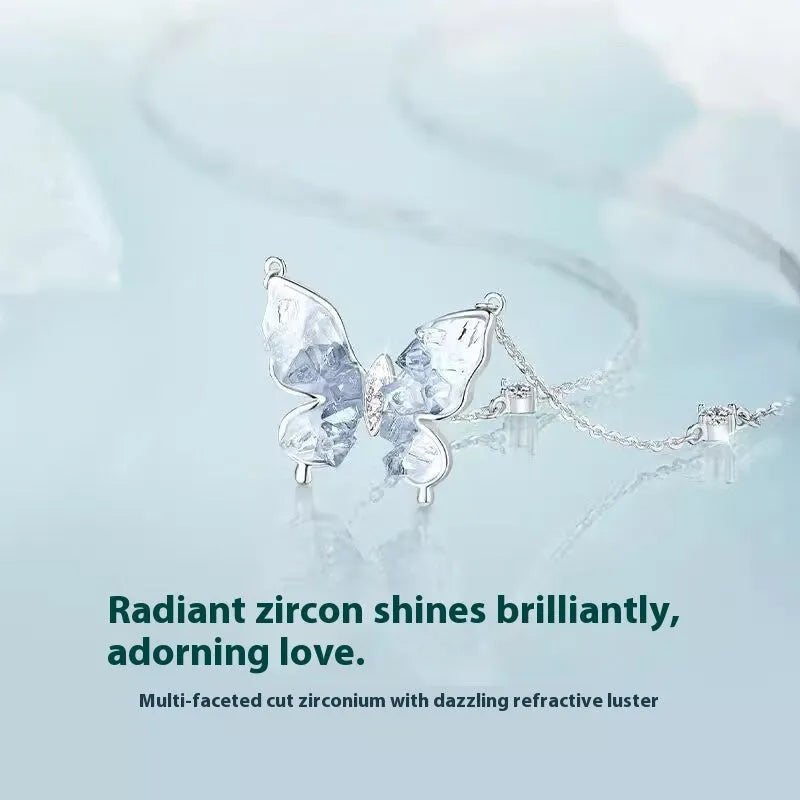 Bingyu Butterfly women's necklace in S925 silver with ice rain pendant on adjustable O-ring chain