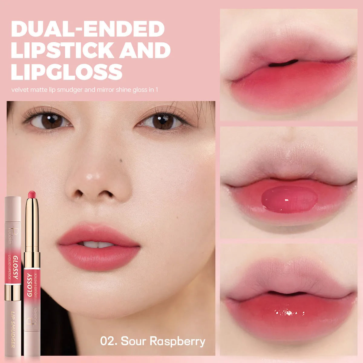 Double-headed lipstick showing matte bullet on one end and gloss applicator on the other in one of 10 available colours
