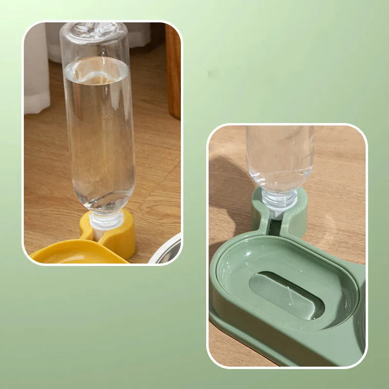 Brown elevated cat food bowl with integrated water dispenser bottle for automatic feeding