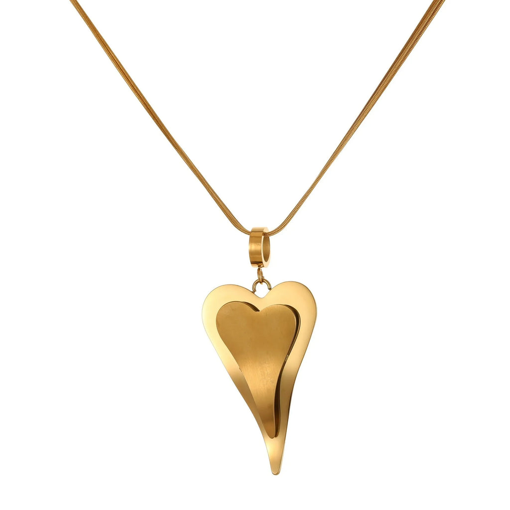 Double heart geometric pendant necklace with snake bones chain in stainless steel, shown in gold and steel colour options.