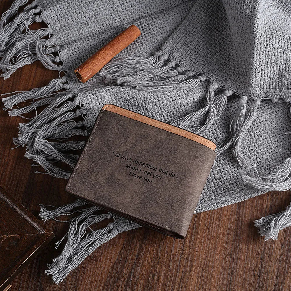 Coffee colour engraved horizontal short wallet with custom lettering on PU leather