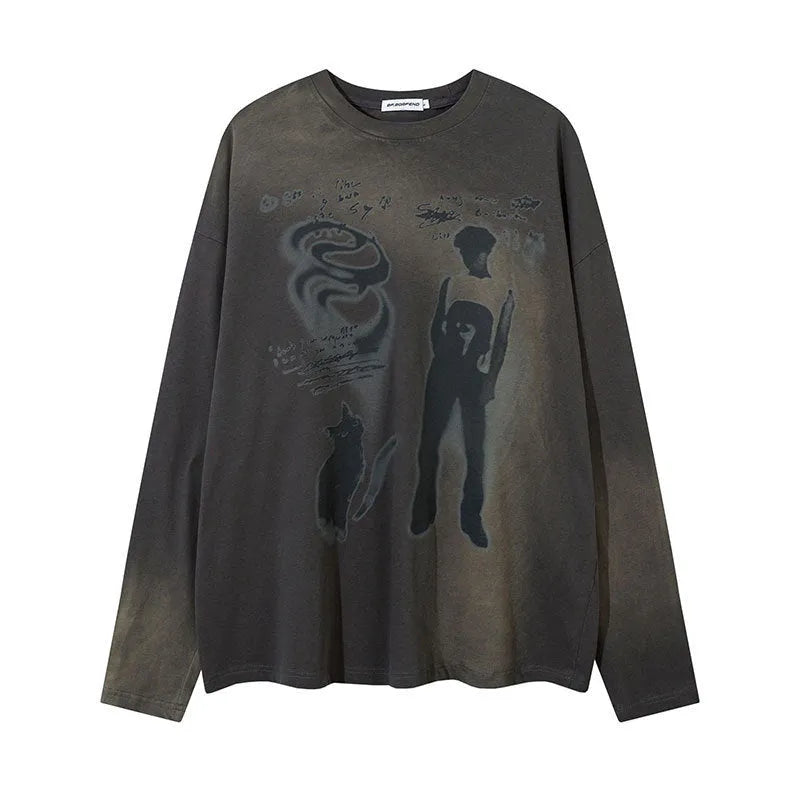 Women's loose dark grey cotton pullover top with drop-shoulder sleeves and a letter pattern.