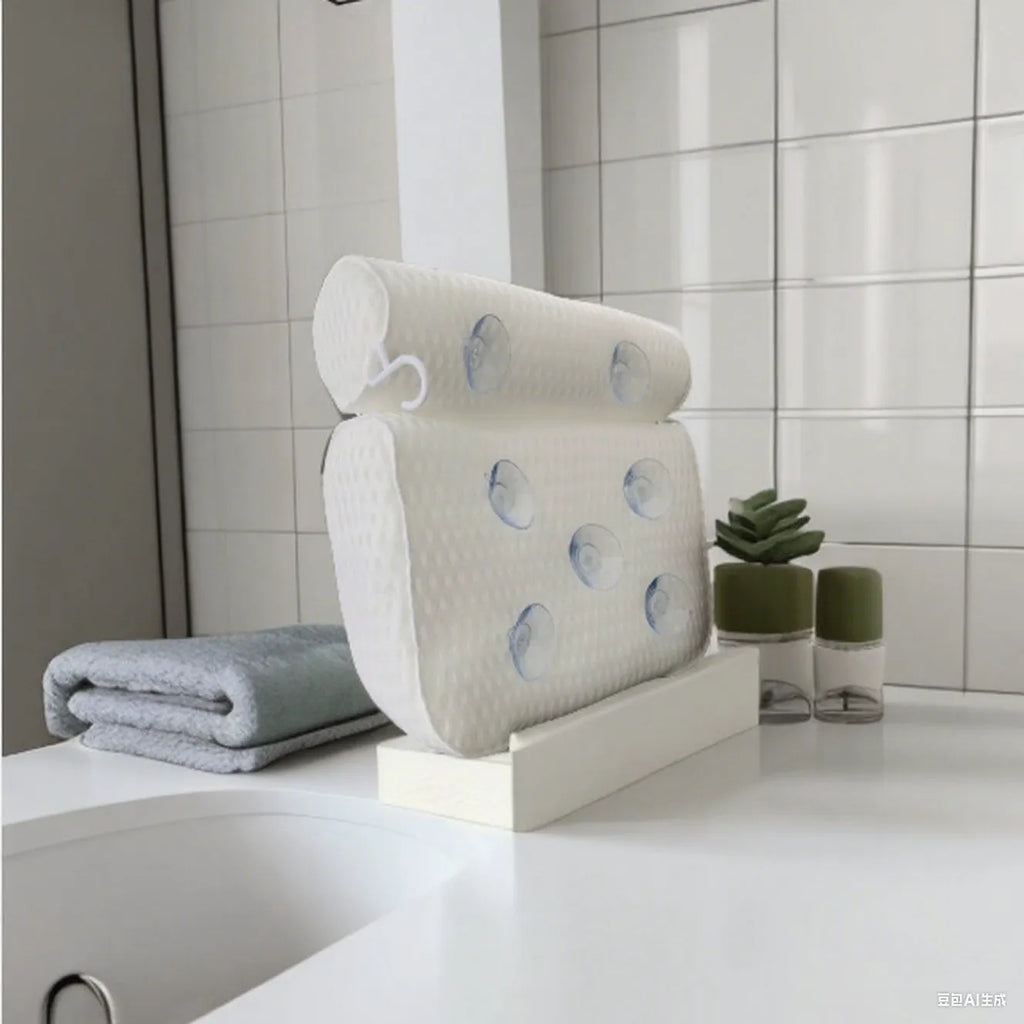 White 4d mesh bath pillow with 7 suction cups, measuring 37x34x10cm