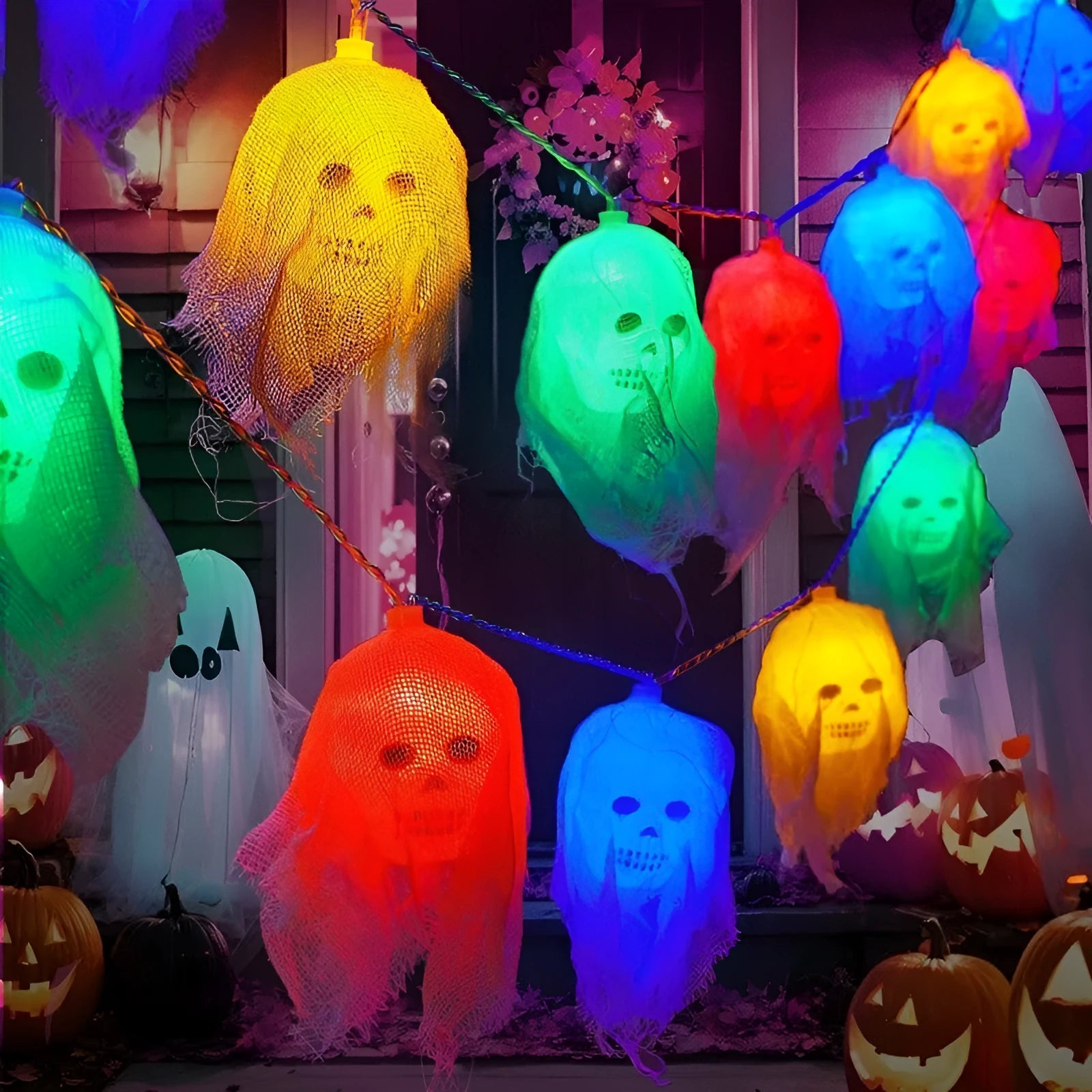Halloween battery-operated LED string lights in coloured or warm white options for wall decoration