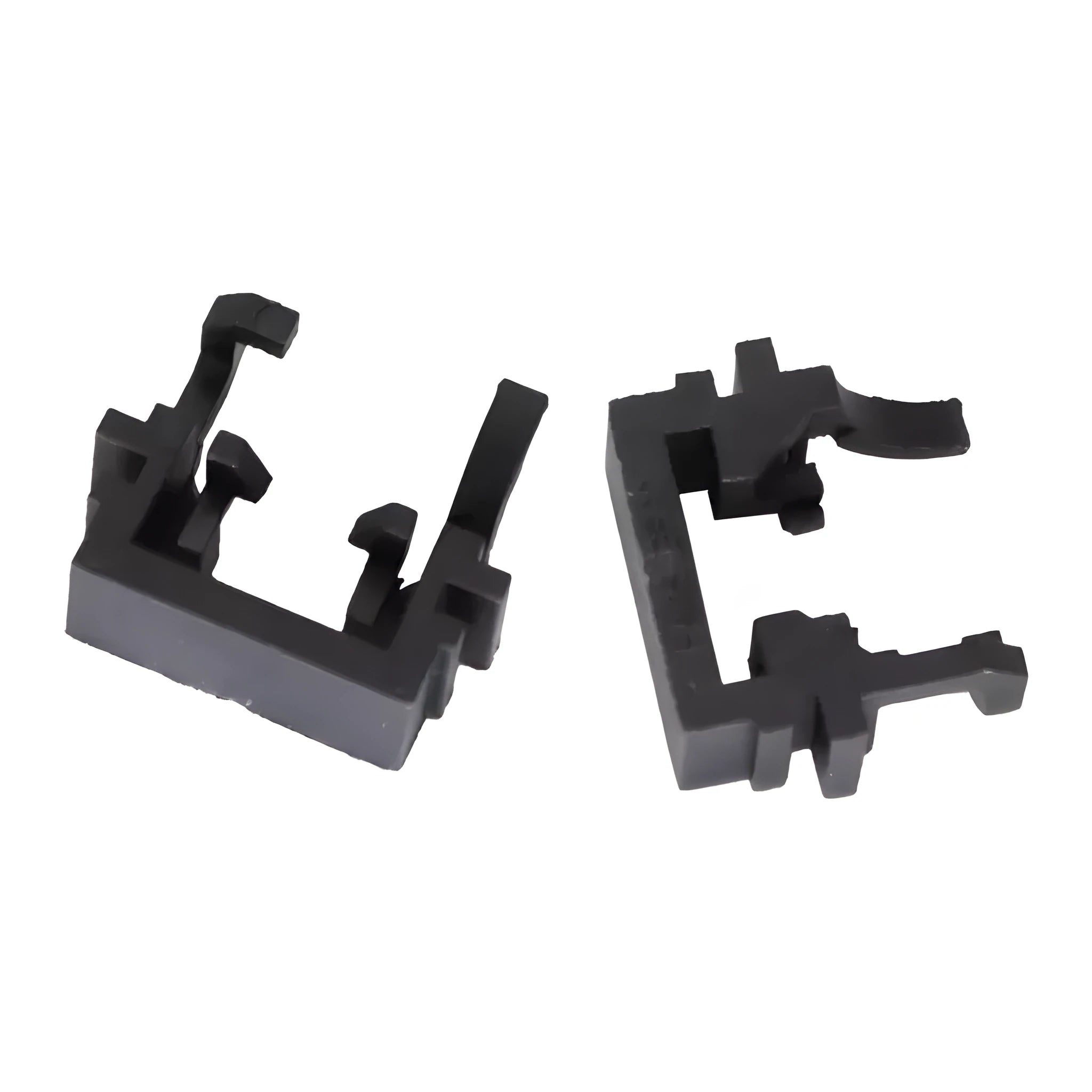 Black plastic LED headlight conversion holder for Ford cars, shown next to scale.