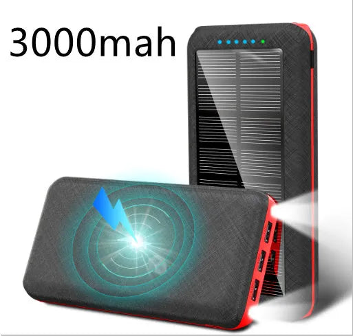 Black portable power bank with wireless charging pad on top, three USB ports, and an LED flashlight.
