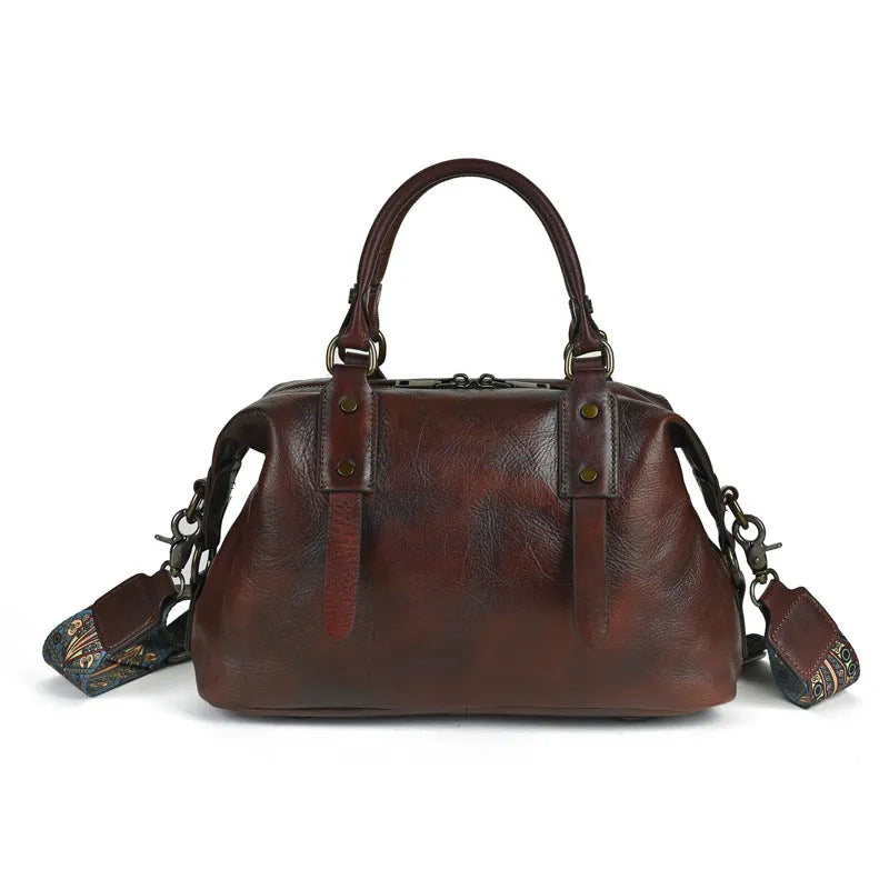 Brown genuine leather handbag with horizontal square shape and retro European American style for women