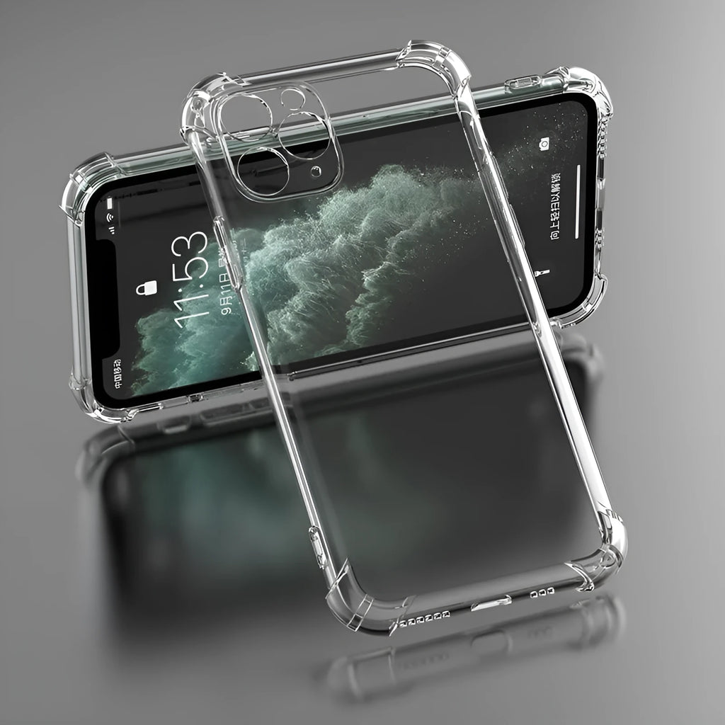 Clear transparent TPU shockproof phone case for multiple iPhone models on a table.