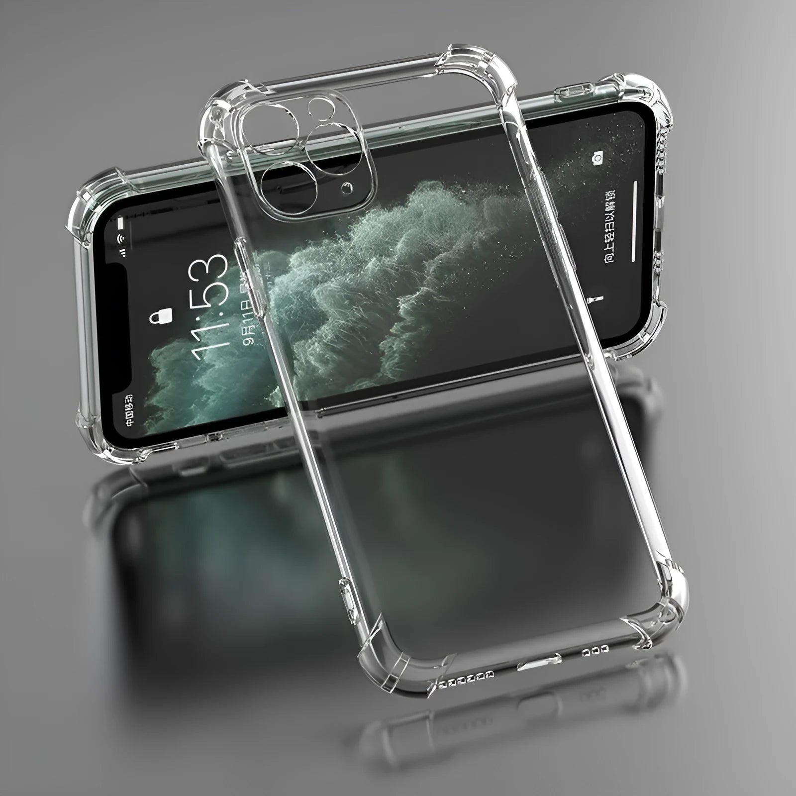 Clear transparent TPU shockproof phone case for multiple iPhone models on a table.