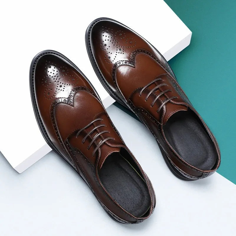 Men's black and brown brogue shoes with traditional wingtip detailing for business wear
