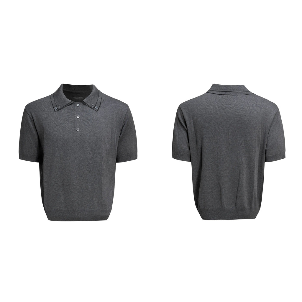 Men's double lapel collar short sleeve shirt in polyester knit fabric, available in black, grey and white colour options