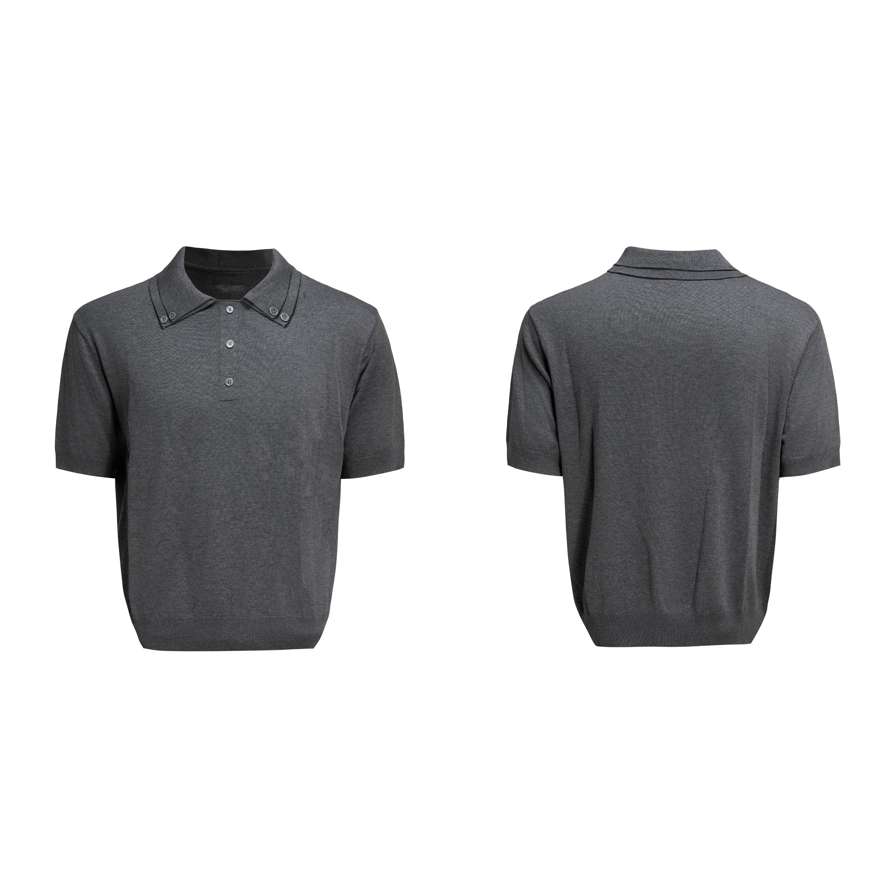Men's double lapel collar short sleeve shirt in polyester knit fabric, available in black, grey and white colour options