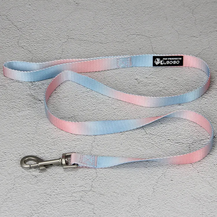Gradient colour nylon dog leash set showing pink and yellow colour blend on a chest back harness style.