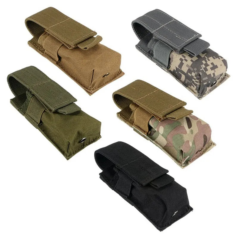 Military tactical waist bag with MOLLE webbing and elastic cord closure in 600D nylon.