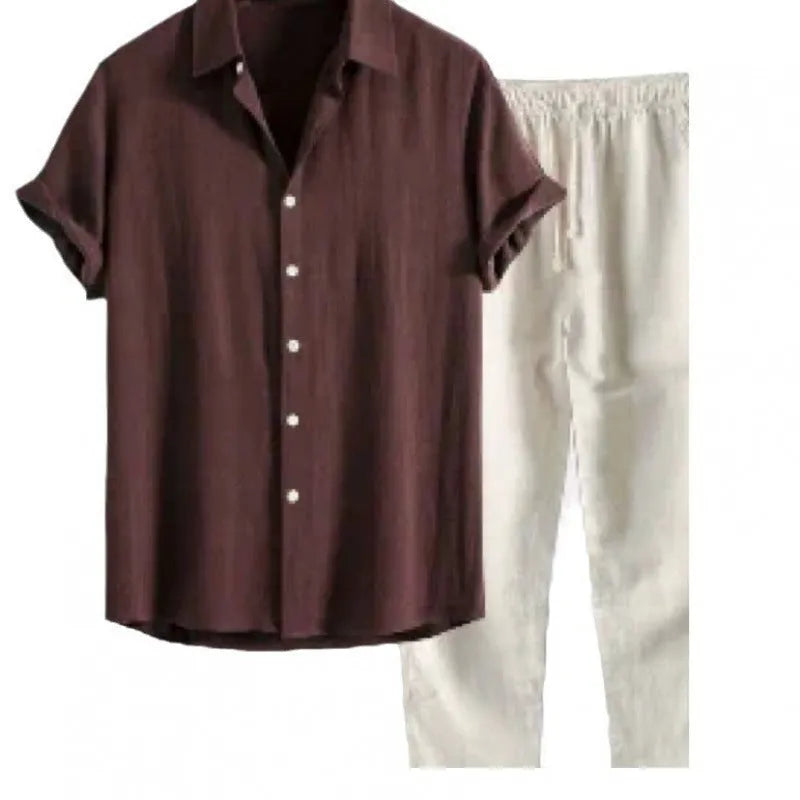 Men's loose fit casual short sleeve shirt and trousers set in linen-look fabric