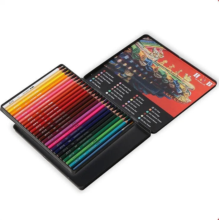 Box of 24 water-soluble coloured pencils in a professional silver metal brush-iron case.
