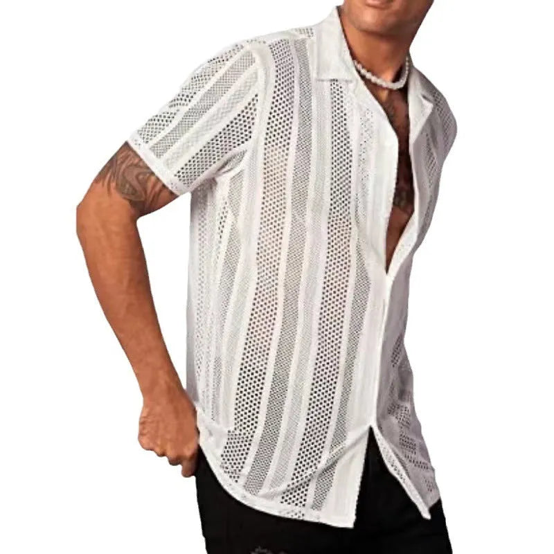 Men's short-sleeved knitted button shirt with Jacquard pattern in street fashion cardigan style