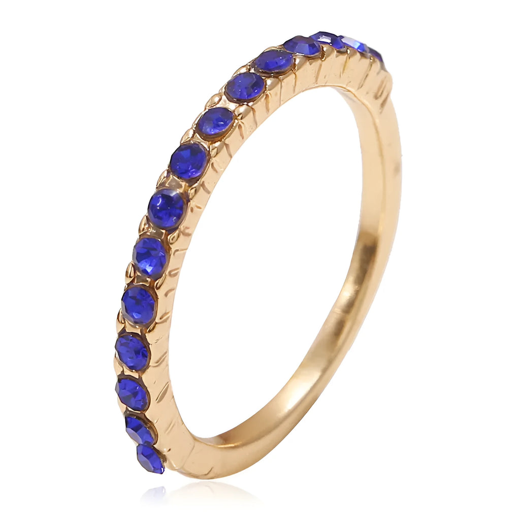 Simple retro trendy ring for women in sapphire blue KC gold with diamond treatment and line pattern