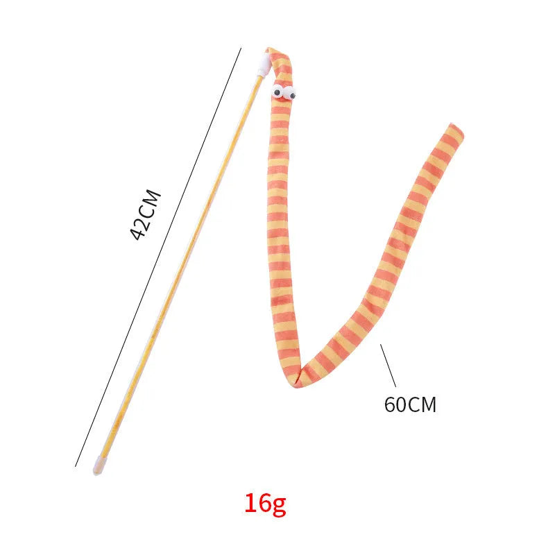 Cat wand toy with polycarbonate pole and plush strip in green, orange, and rainbow colours