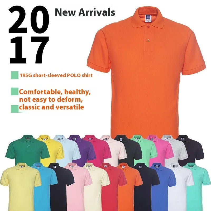 Plus size short sleeve polo shirt in loose cotton blend fabric shown in multiple solid colours