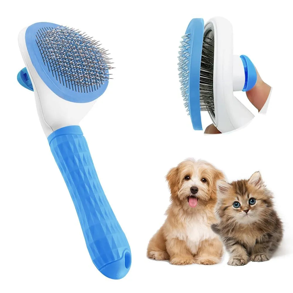 Blue cat grooming brush with release button for removing loose fur and tangles