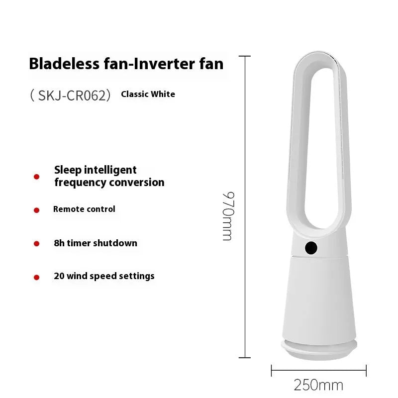 White SK bladeless tower fan with remote control on a desk